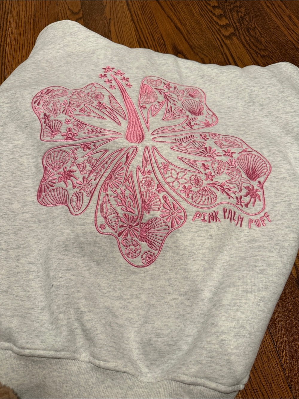 Pink Palm Puff Light Gray Sweatshirt with Pink Floral Hibiscus